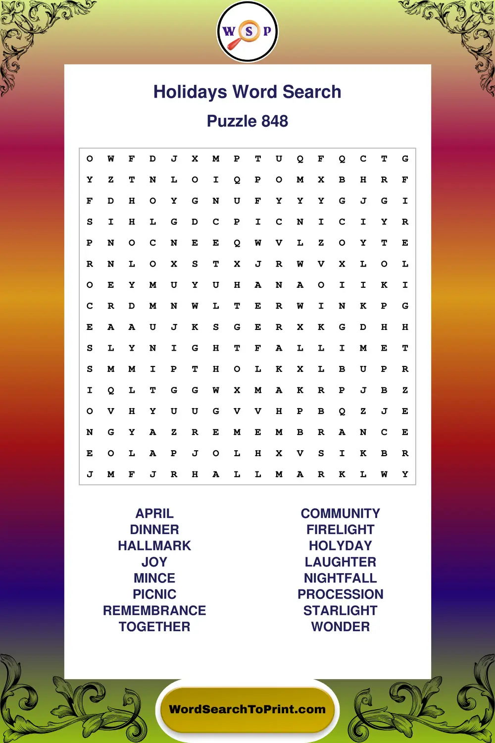 Holidays Word Search Puzzle 848