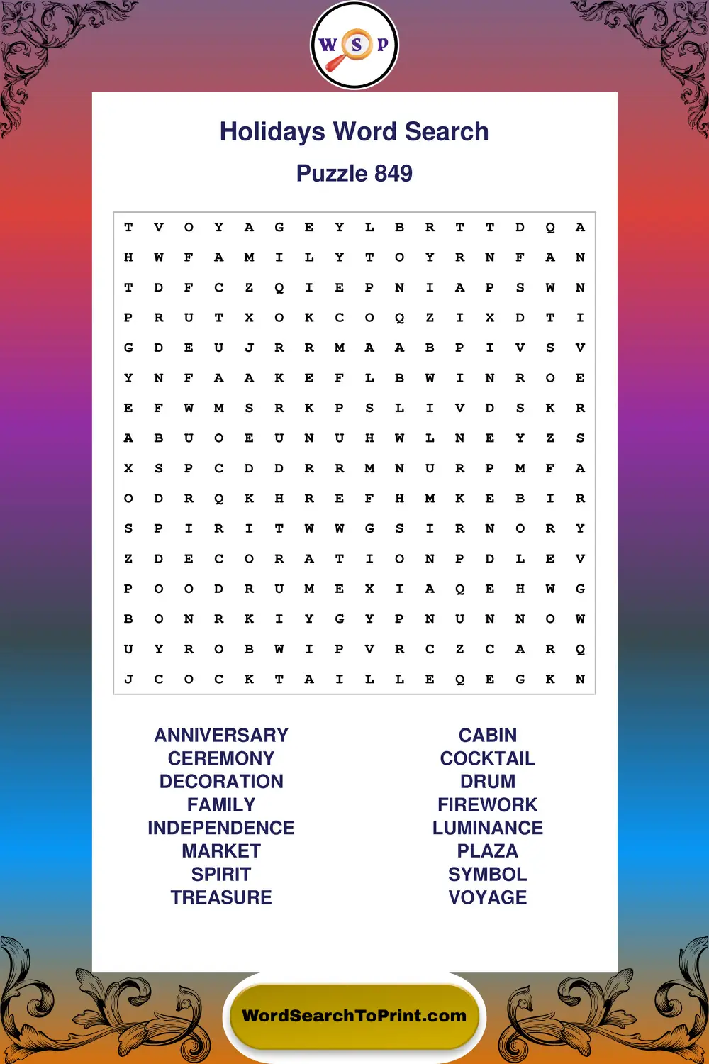 Holidays Word Search Puzzle 849