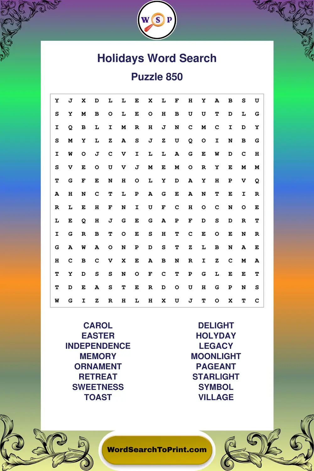 Holidays Word Search Puzzle 850