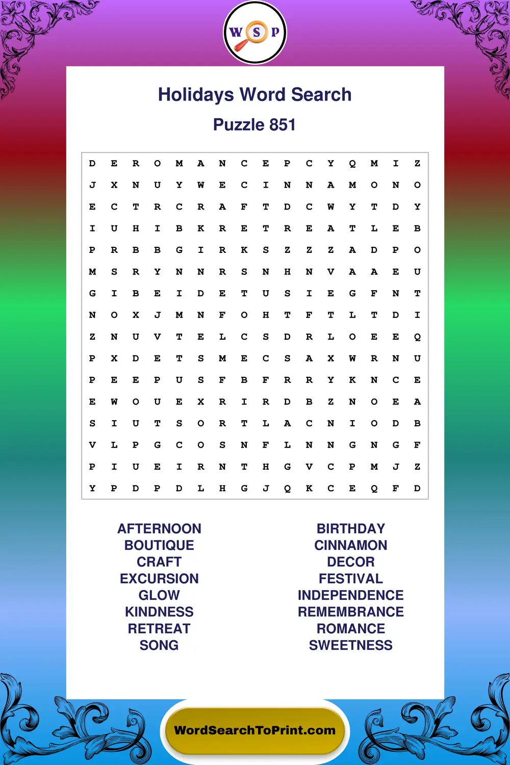 Holidays Word Search Puzzle 851