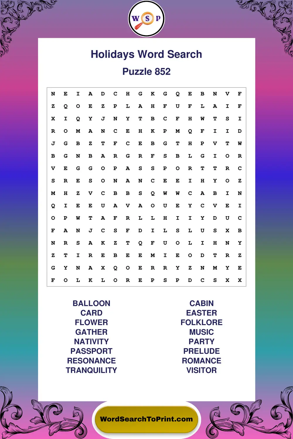 Holidays Word Search Puzzle 852