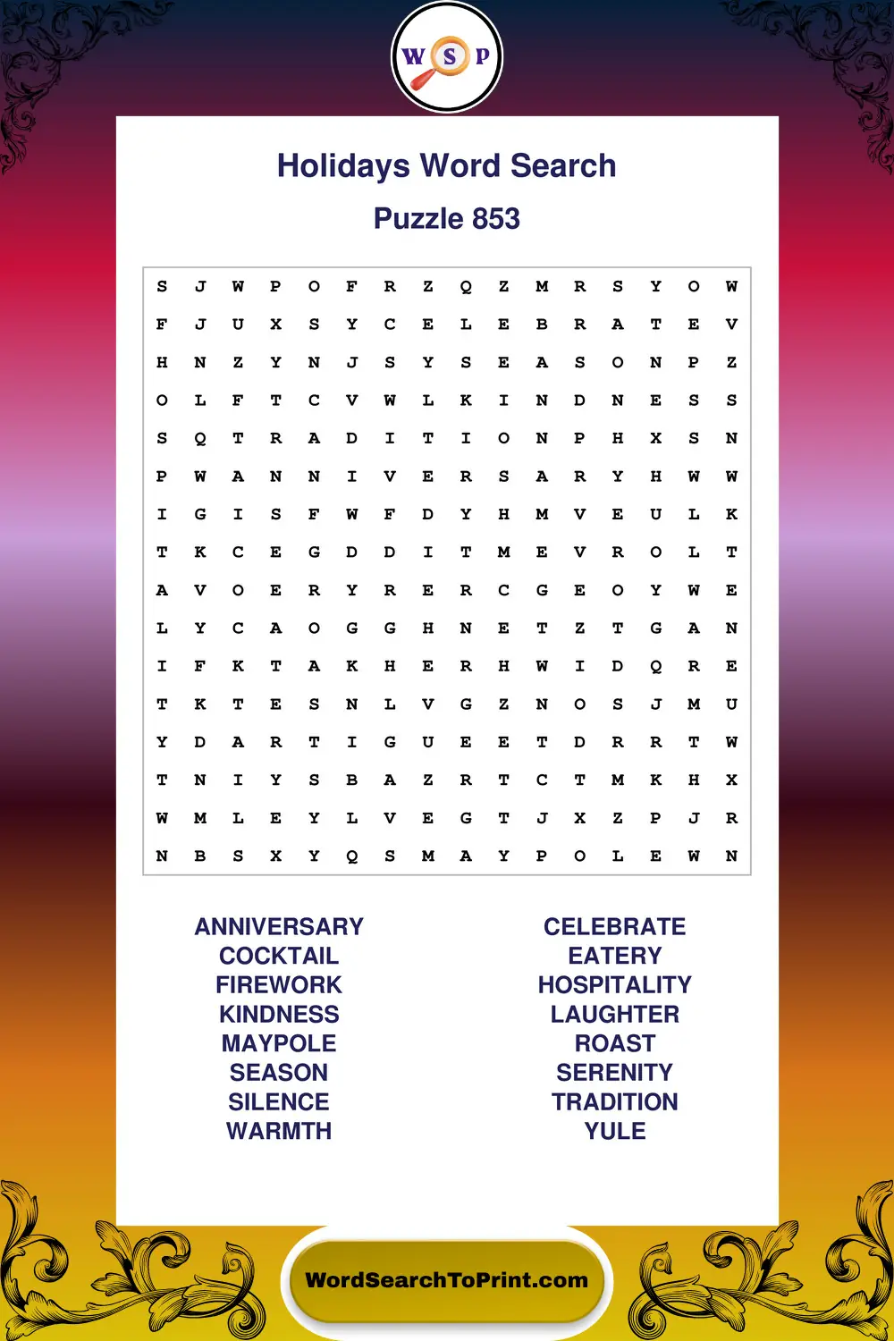 Holidays Word Search Puzzle 853
