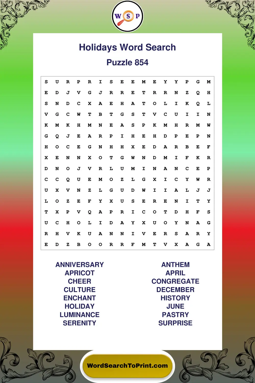 Holidays Word Search Puzzle 854