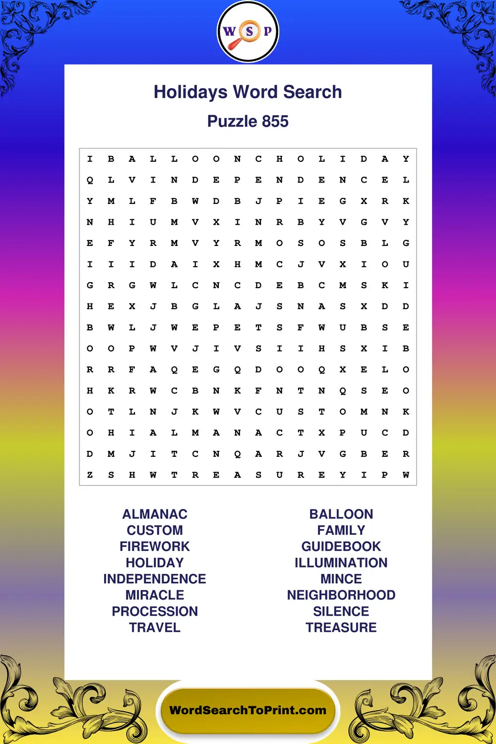 Holidays Word Search Puzzle 855