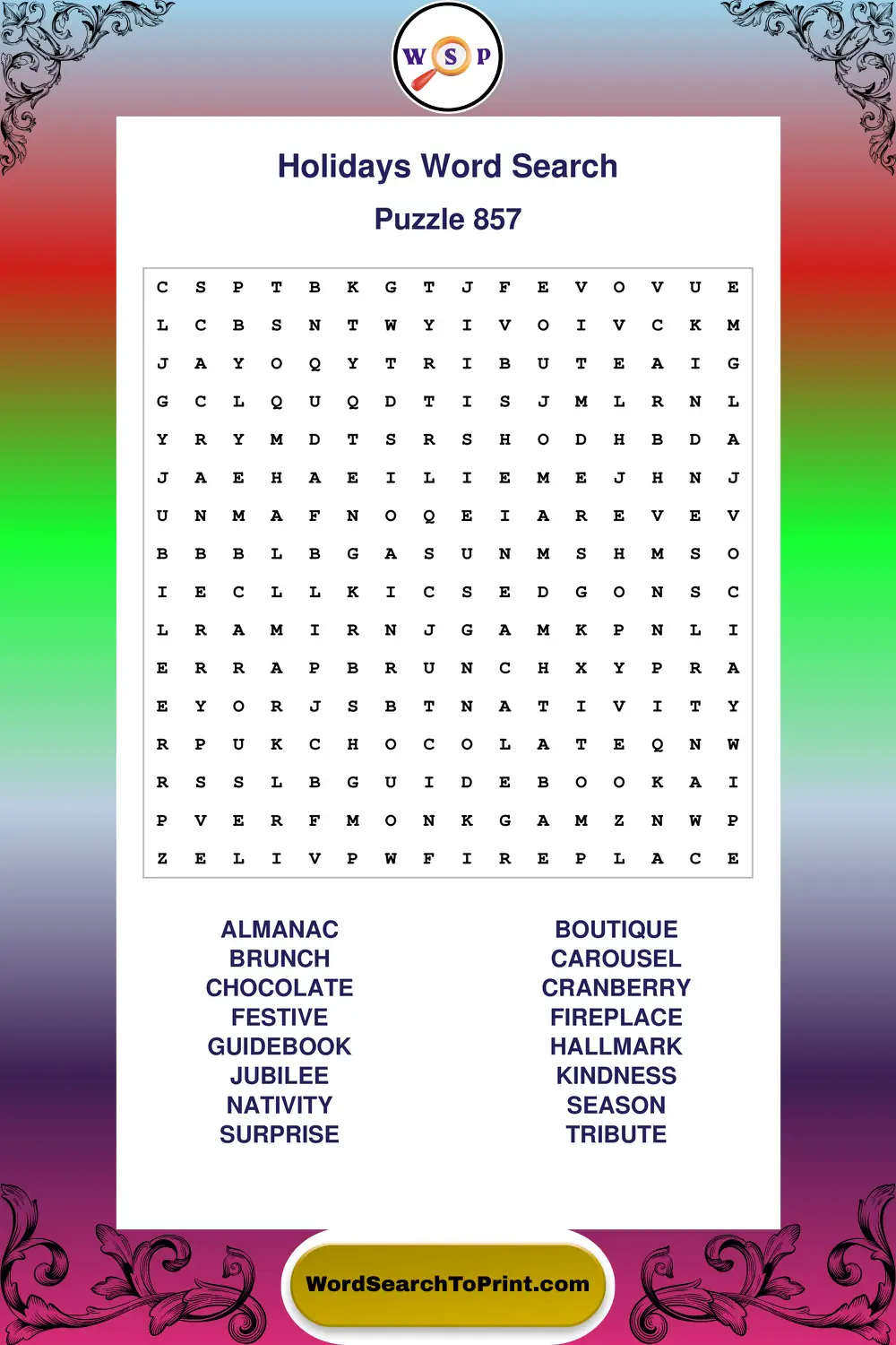 Holidays Word Search Puzzle 857