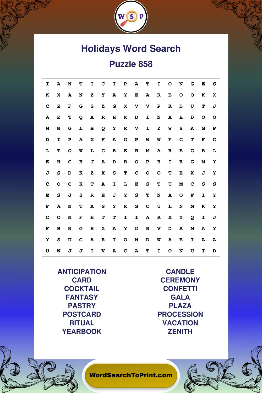 Holidays Word Search Puzzle 858