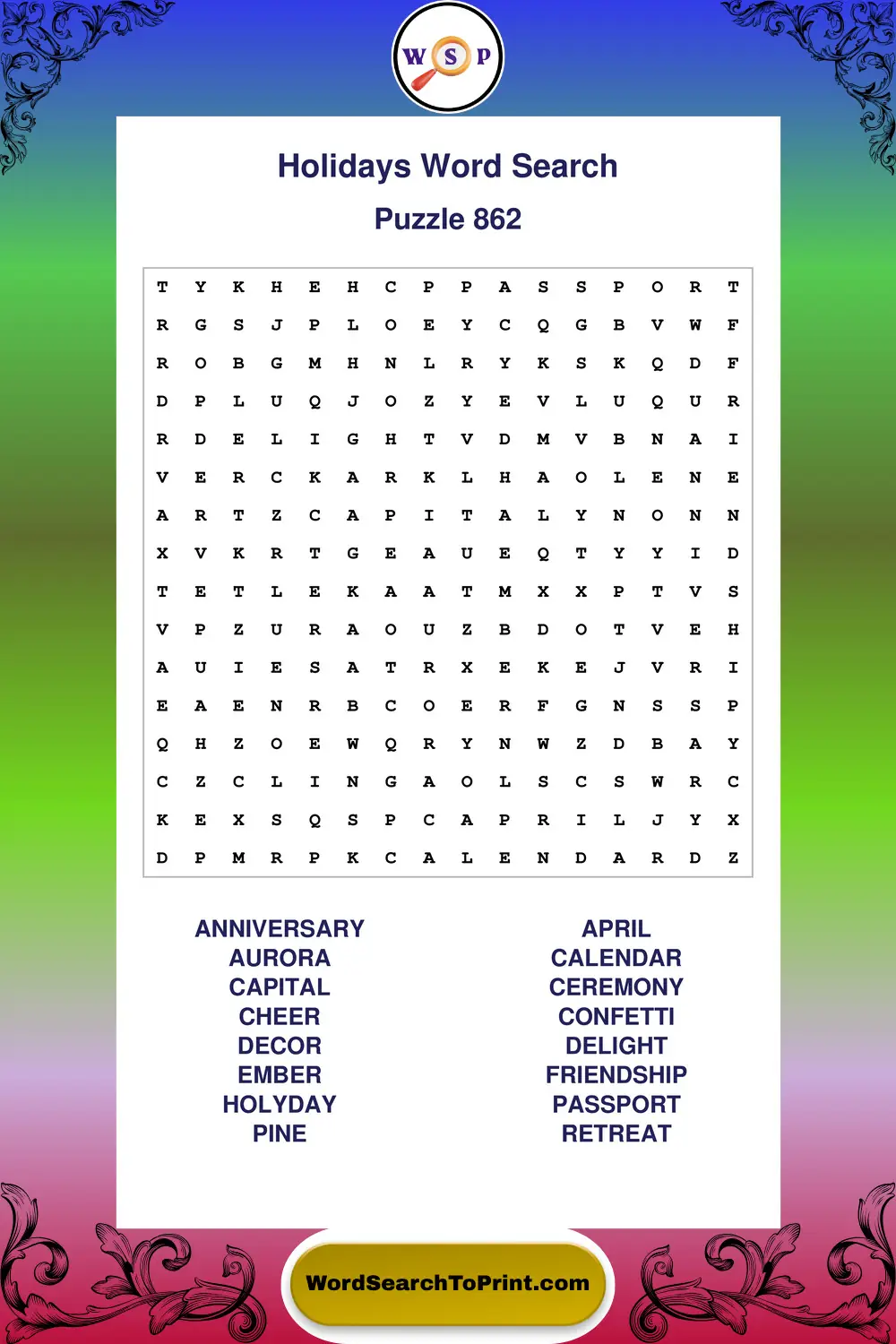 Holidays Word Search Puzzle 862