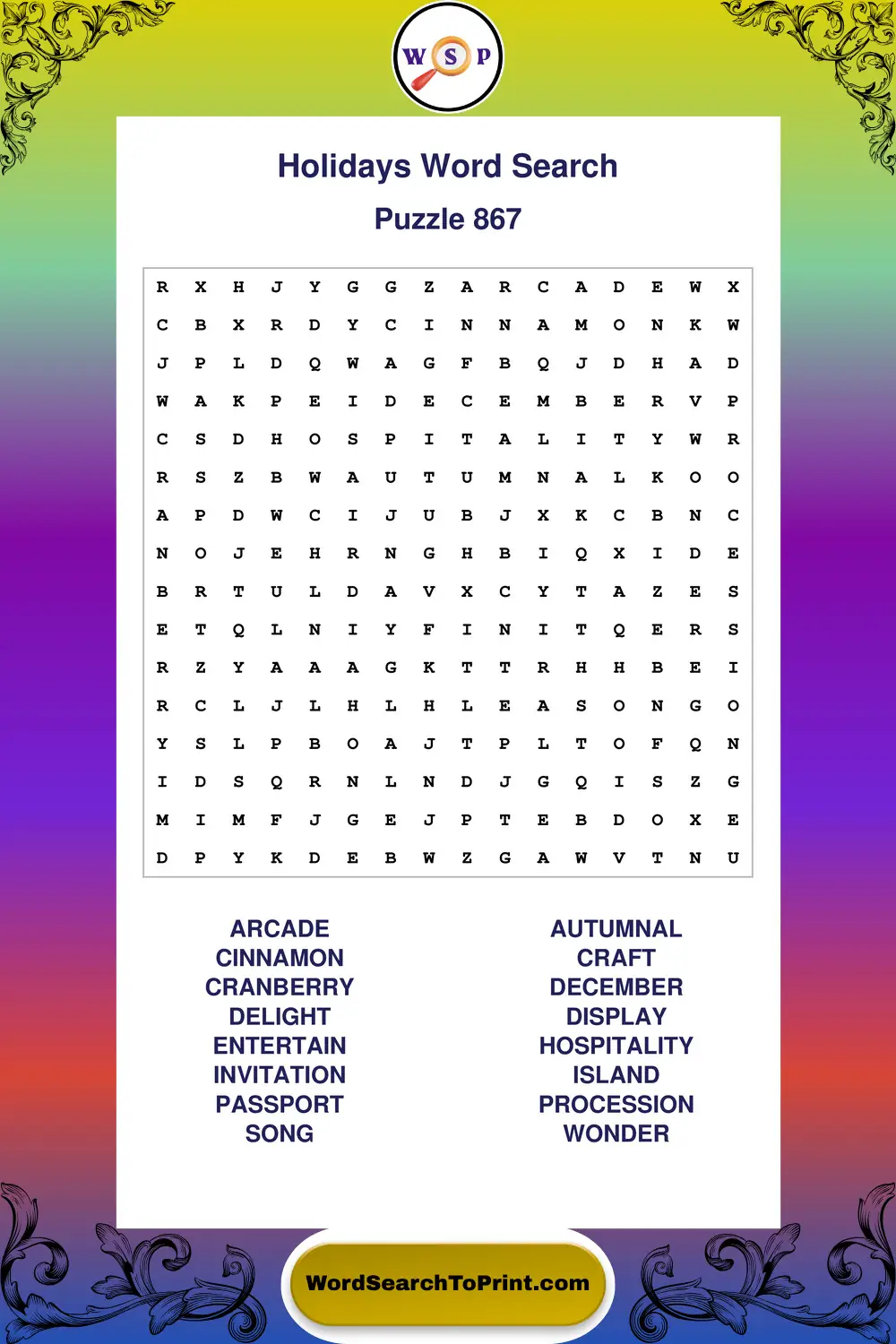 Holidays Word Search Puzzle 867