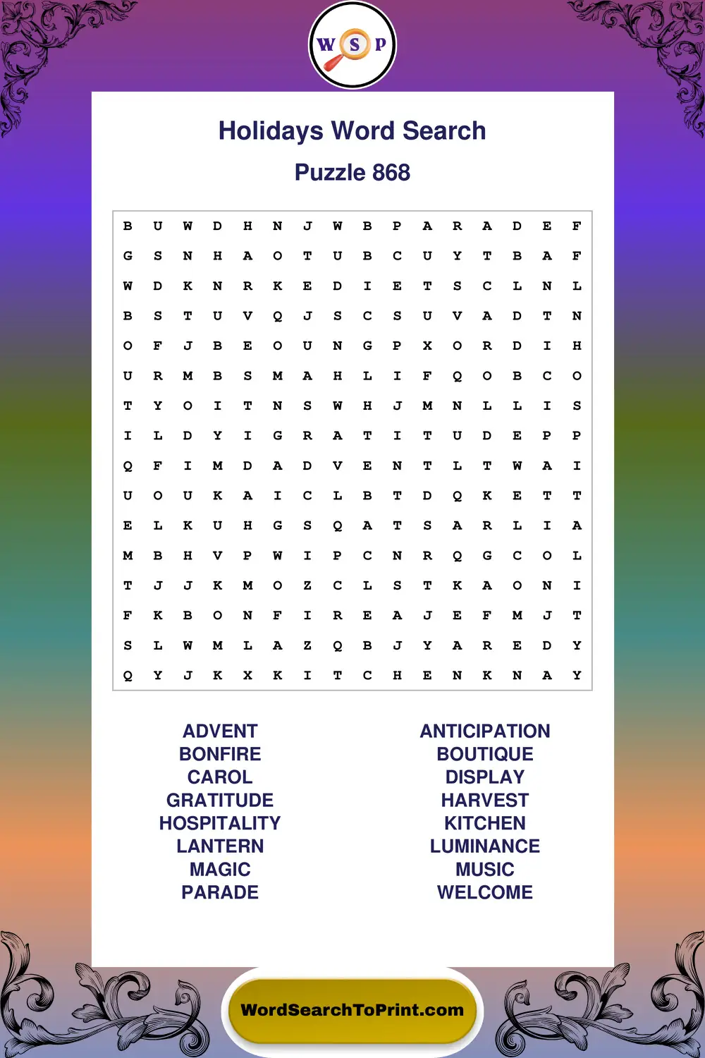 Holidays Word Search Puzzle 868