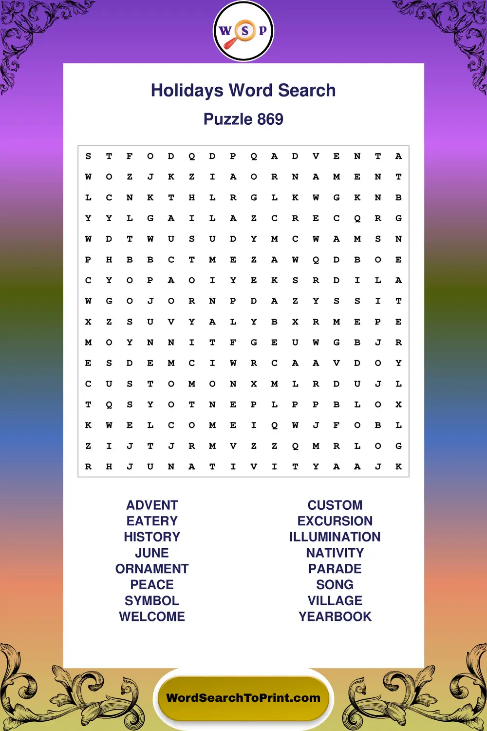 Holidays Word Search Puzzle 869