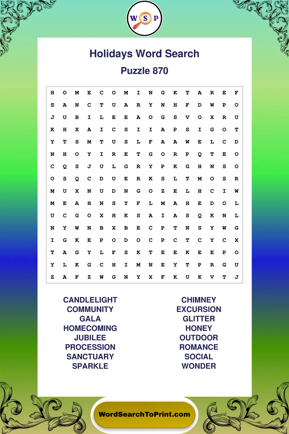 Holidays Word Search Puzzle 870