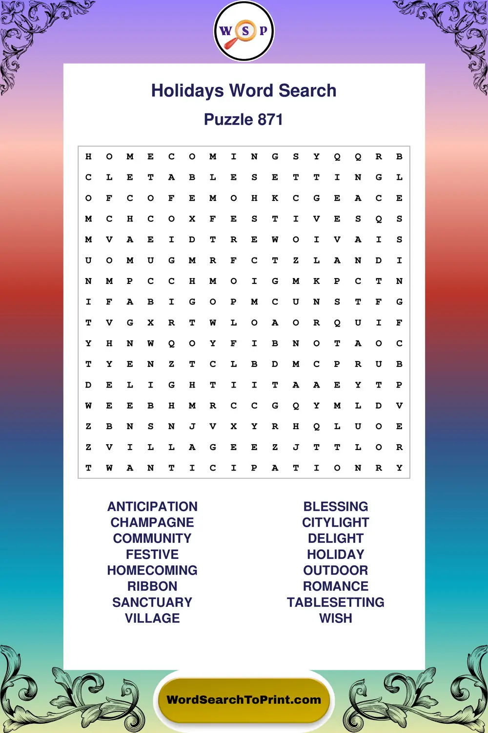 Holidays Word Search Puzzle 871