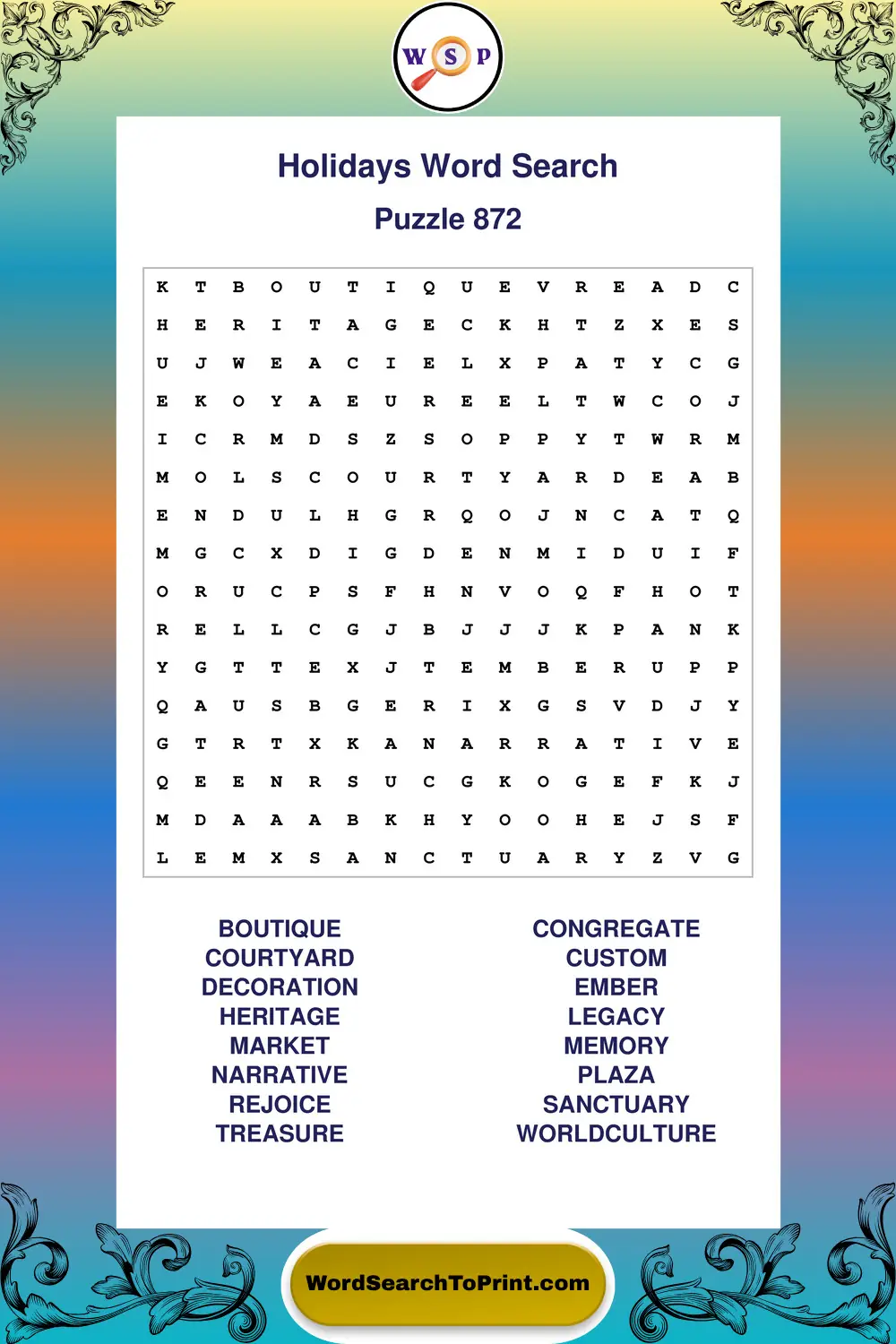 Holidays Word Search Puzzle 872