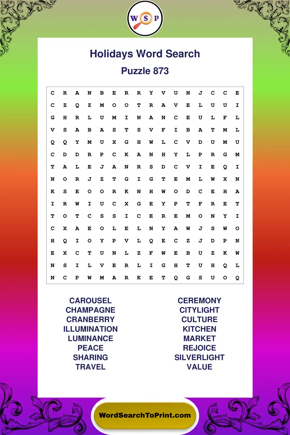 Holidays Word Search Puzzle 873