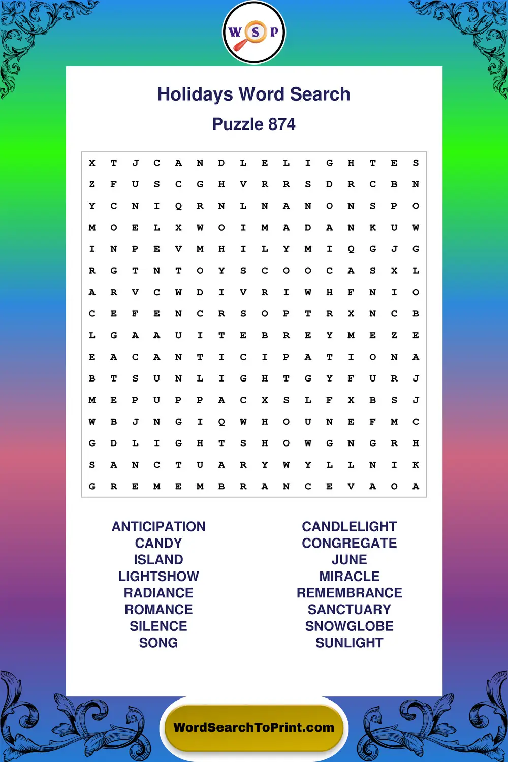 Holidays Word Search Puzzle 874