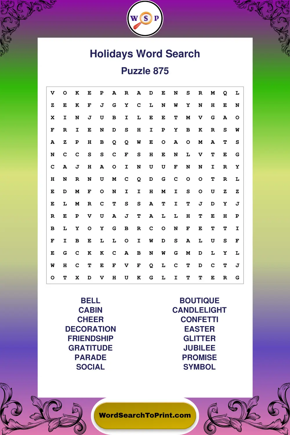 Holidays Word Search Puzzle 875