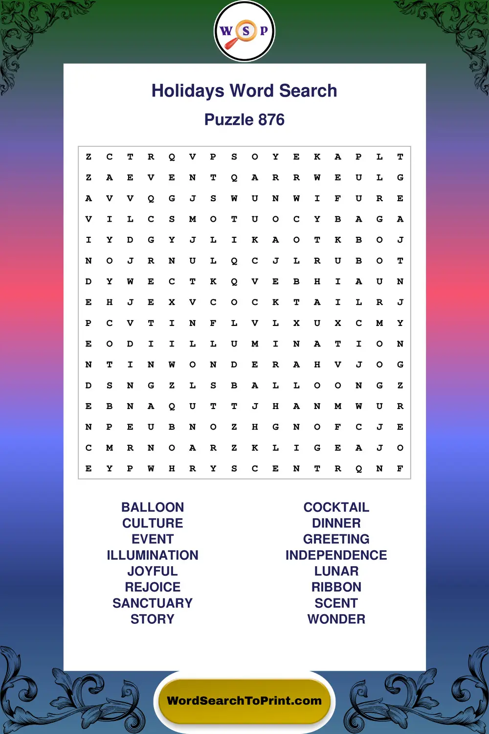 Holidays Word Search Puzzle 876