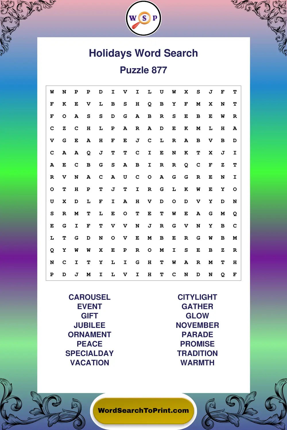 Holidays Word Search Puzzle 877