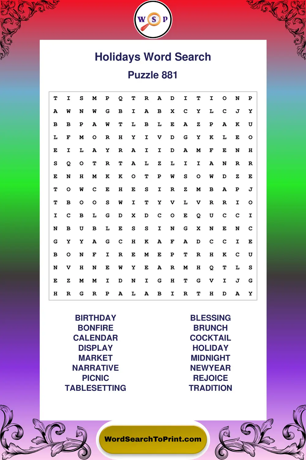 Holidays Word Search Puzzle 881