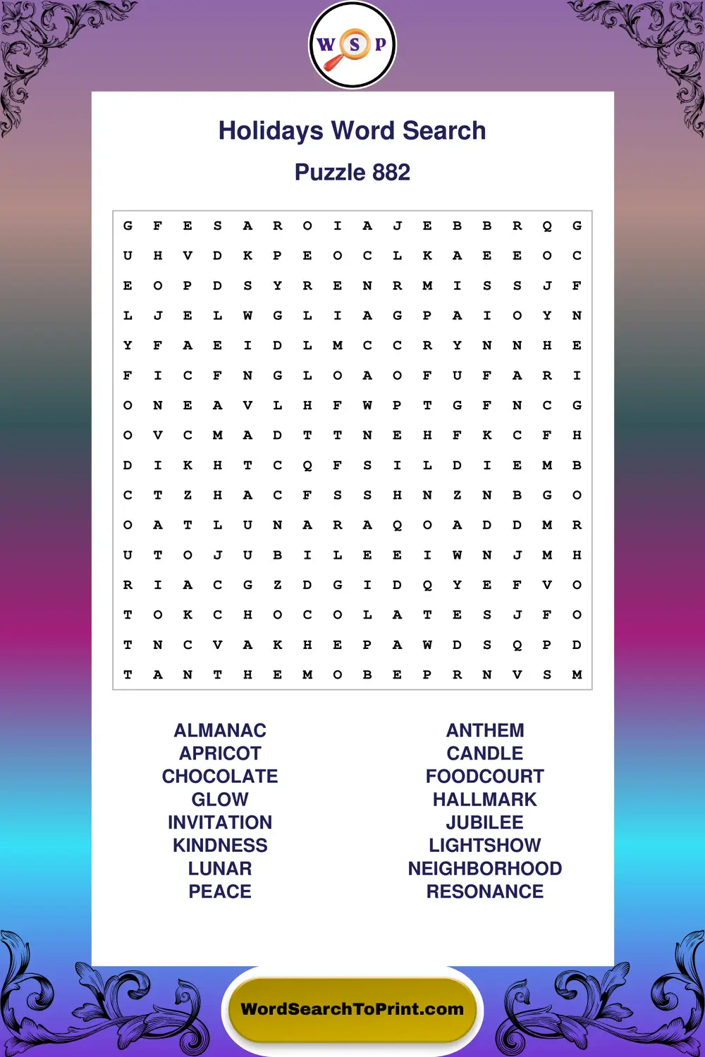 Holidays Word Search Puzzle 882