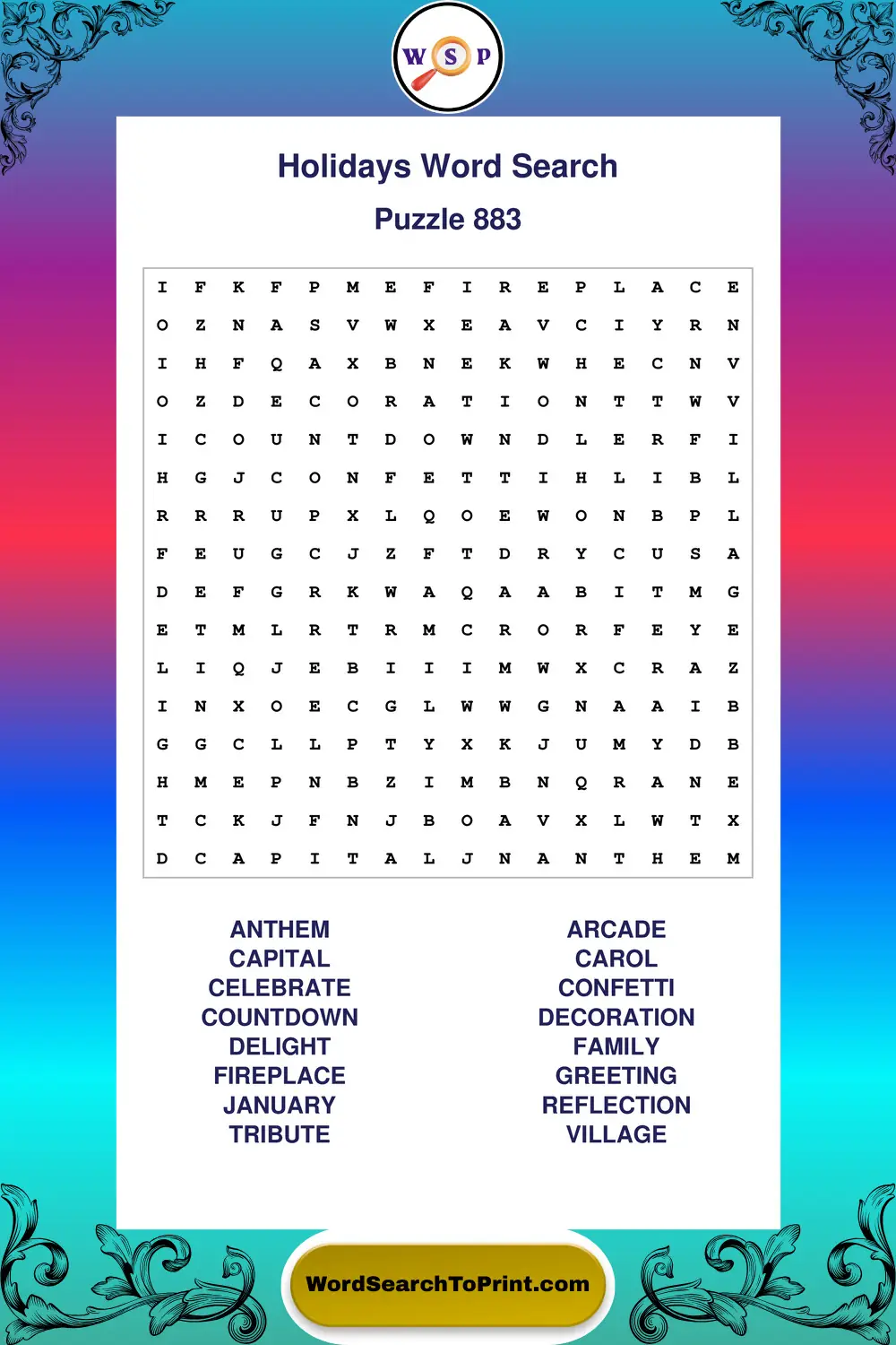 Holidays Word Search Puzzle 883