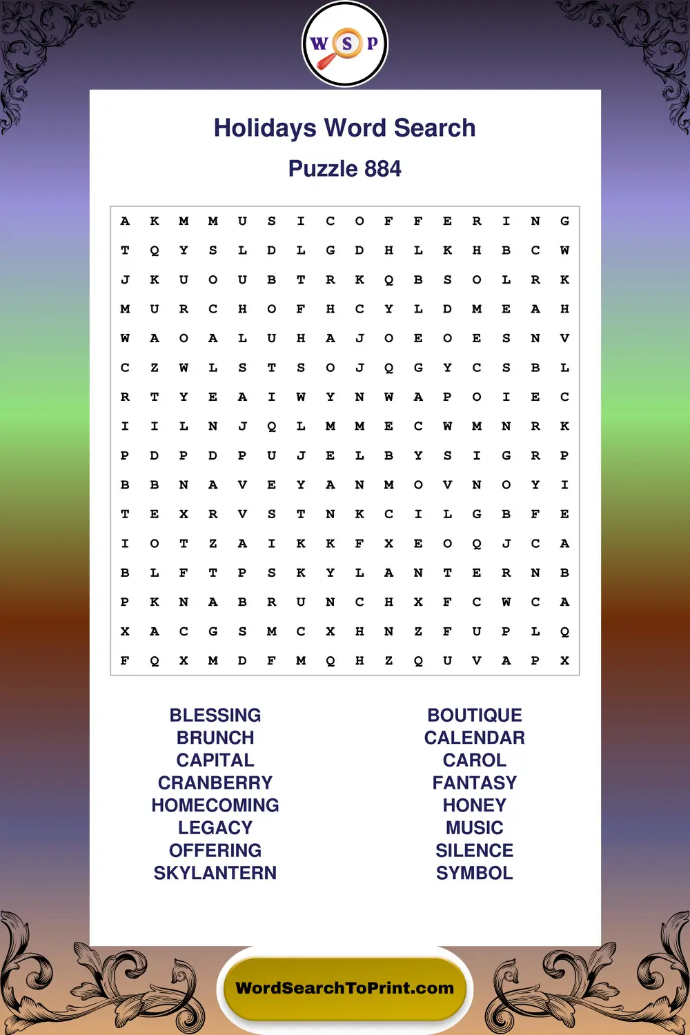 Holidays Word Search Puzzle 884