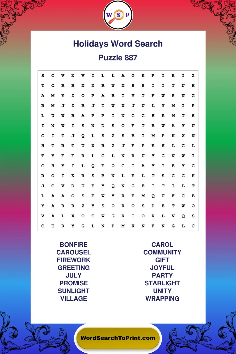 Holidays Word Search Puzzle 887
