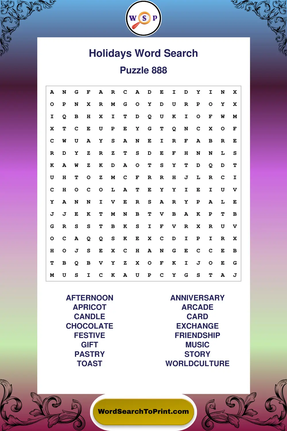 Holidays Word Search Puzzle 888