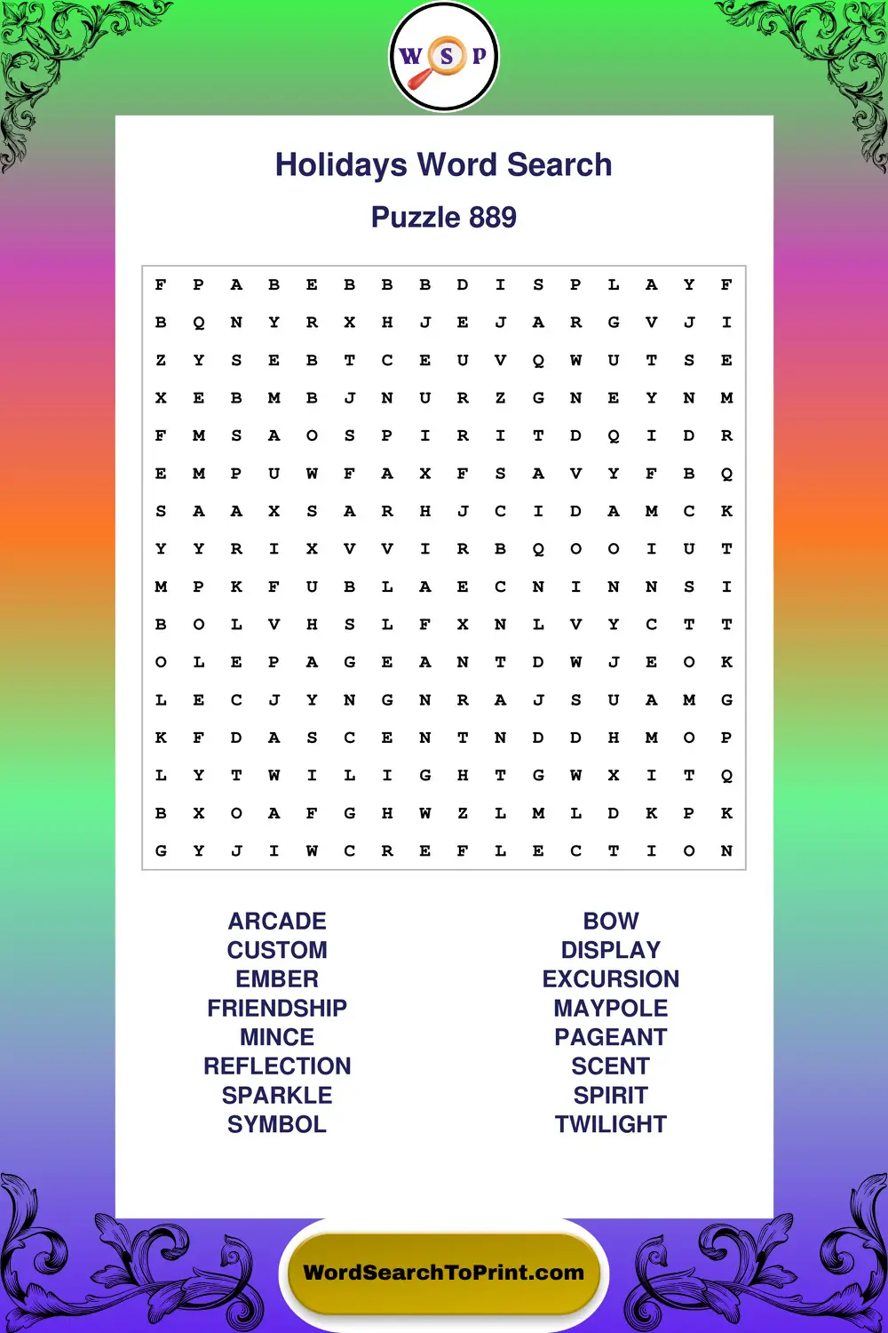 Holidays Word Search Puzzle 889