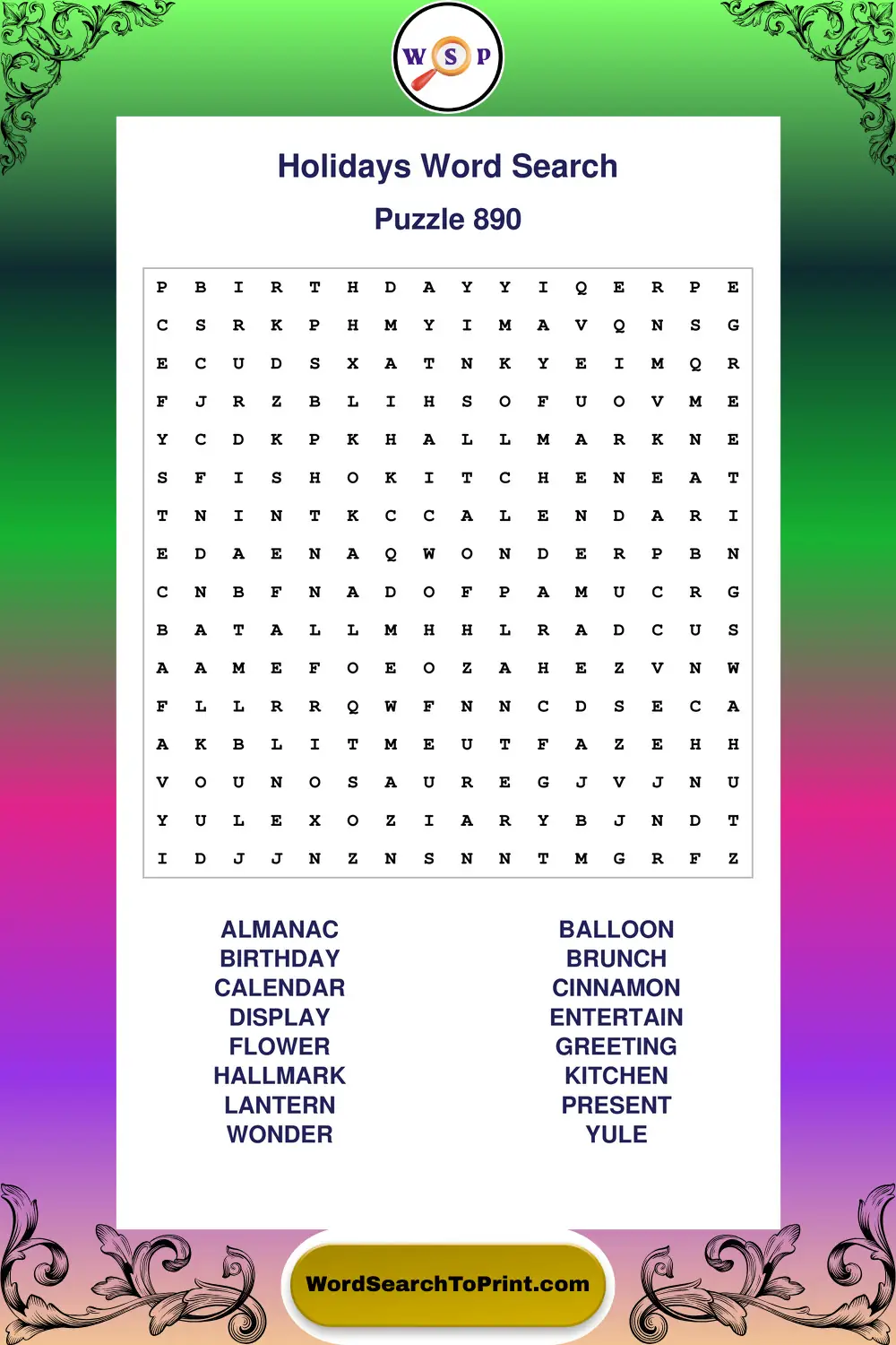 Holidays Word Search Puzzle 890