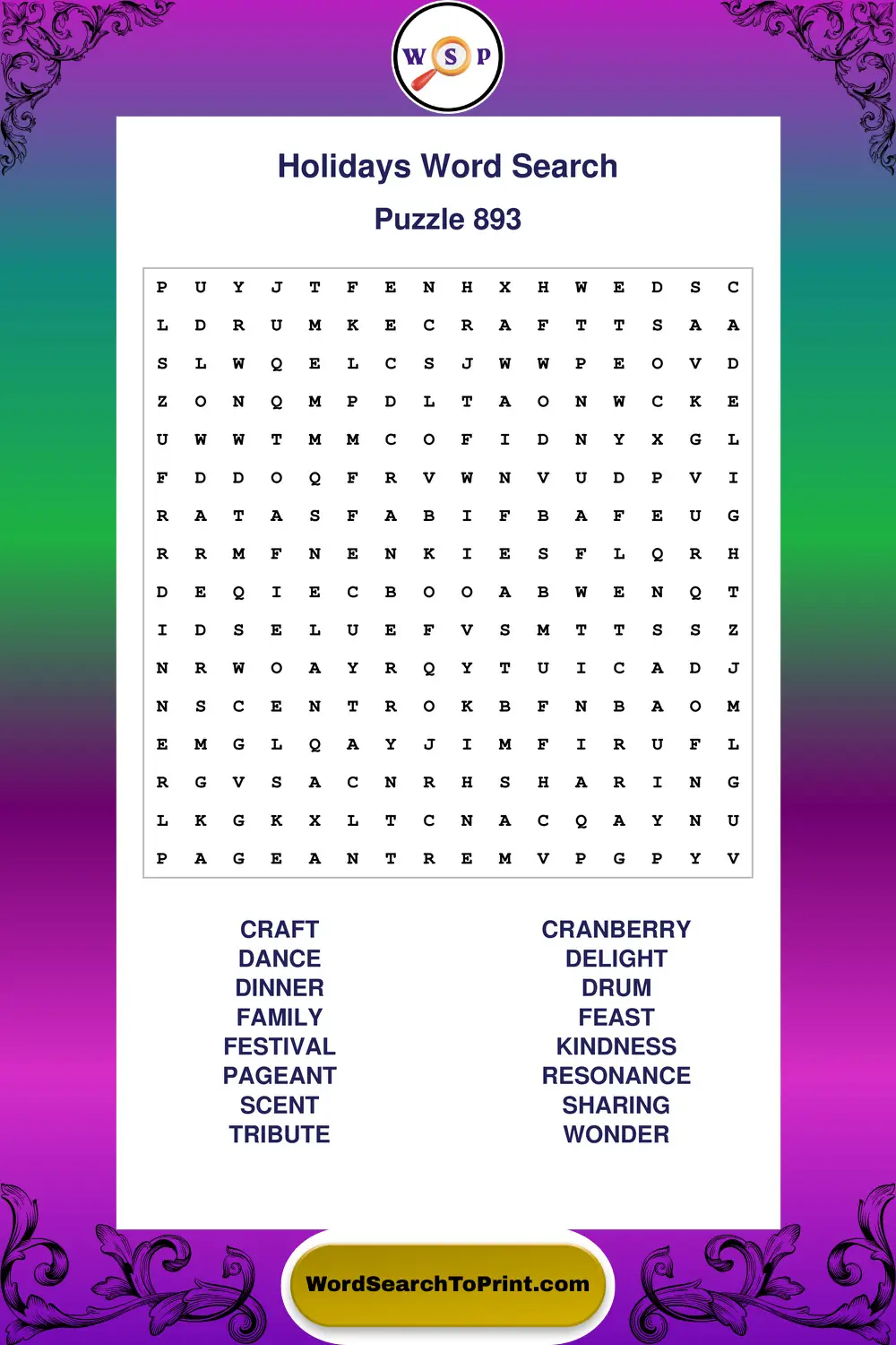 Holidays Word Search Puzzle 893