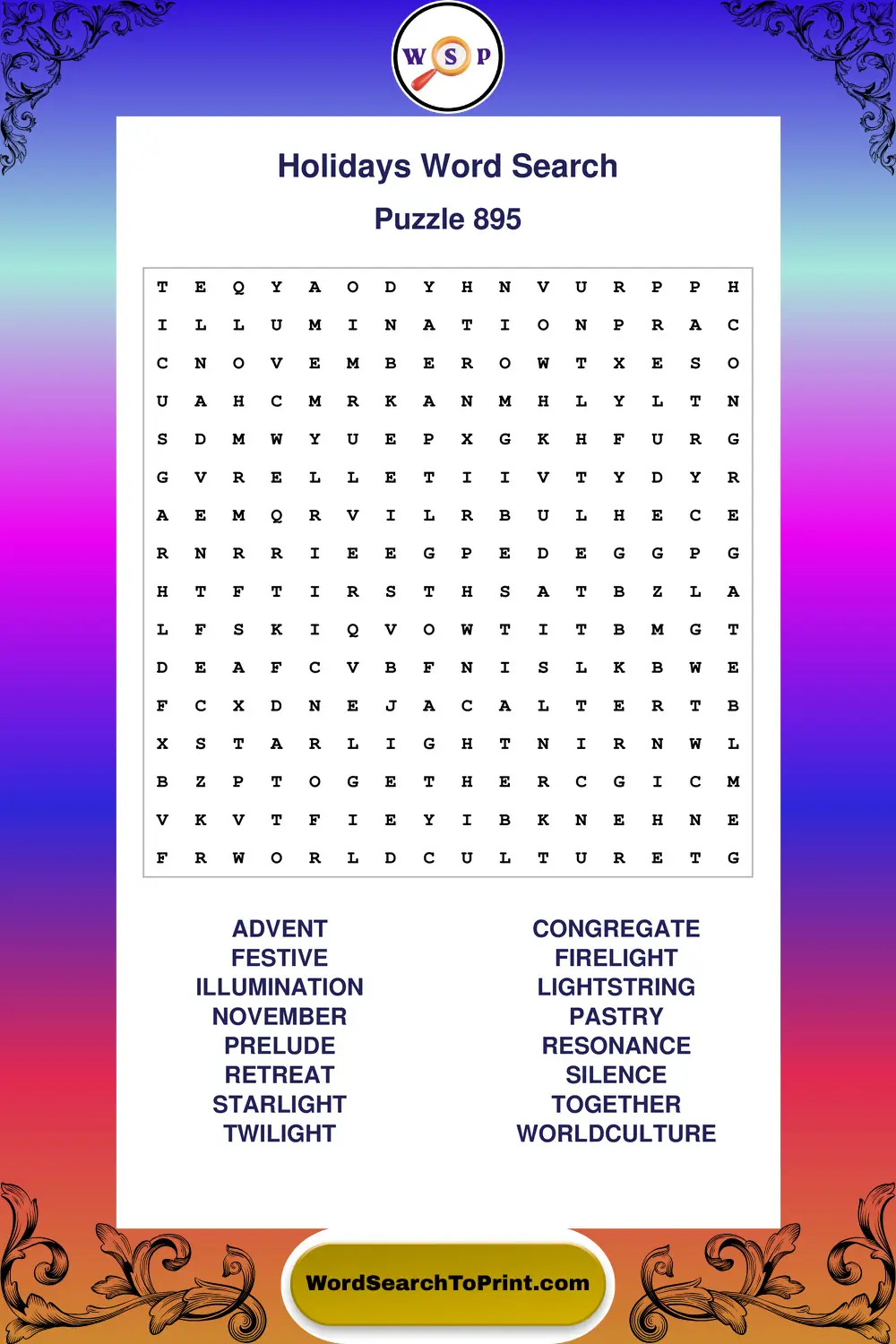 Holidays Word Search Puzzle 895