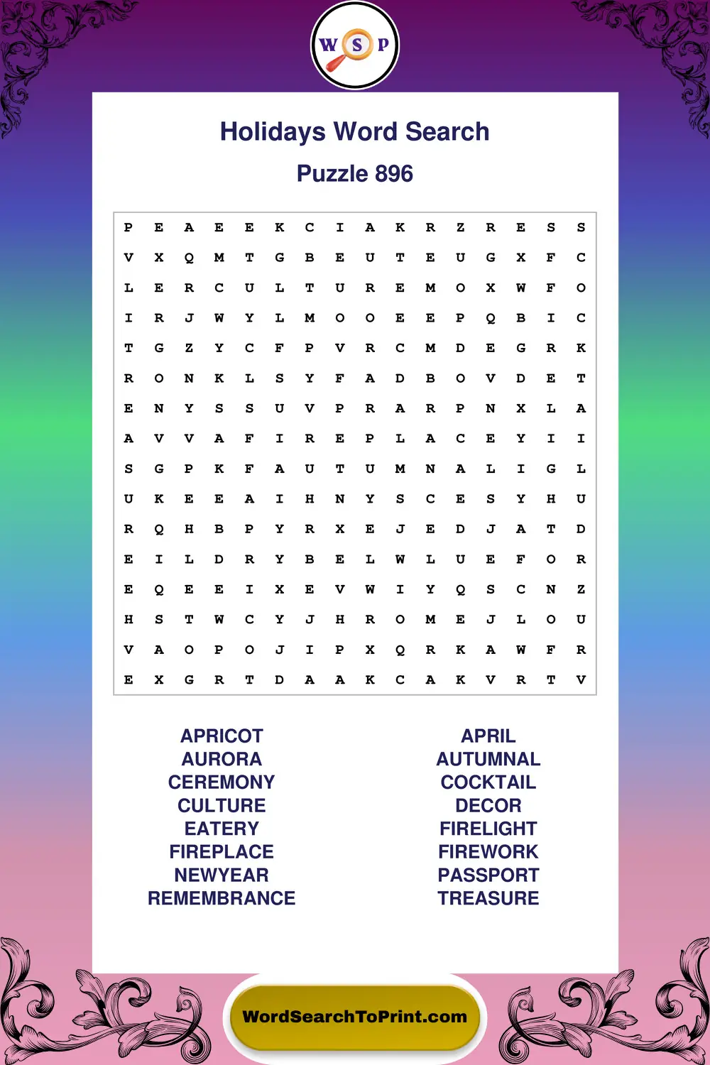 Holidays Word Search Puzzle 896