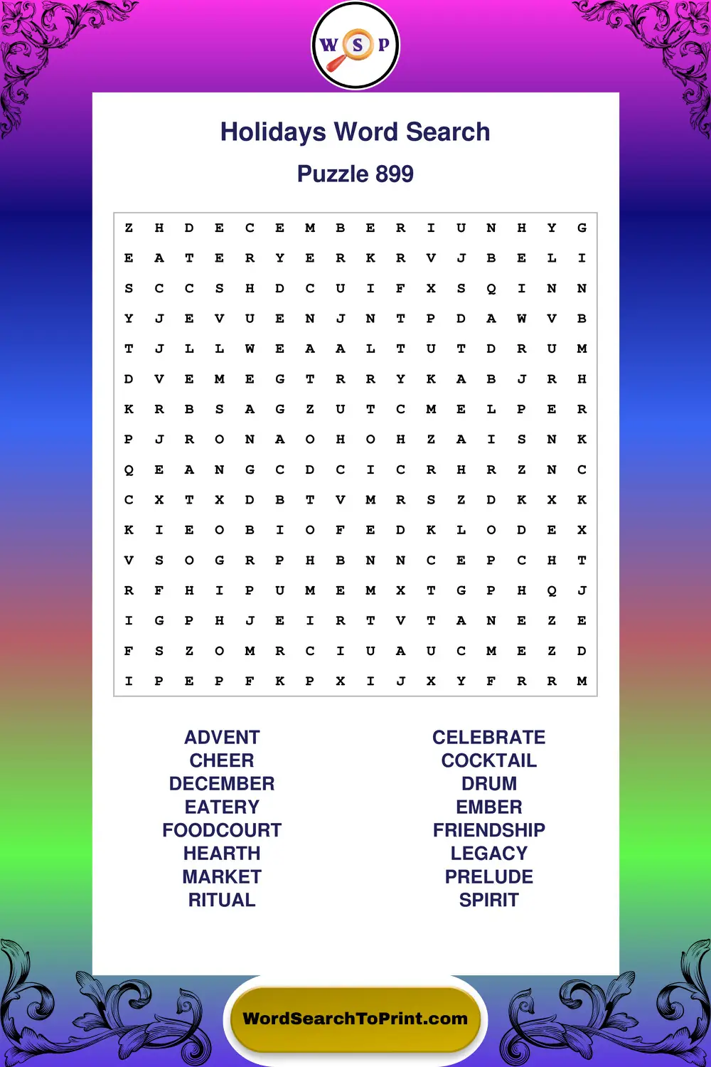 Holidays Word Search Puzzle 899