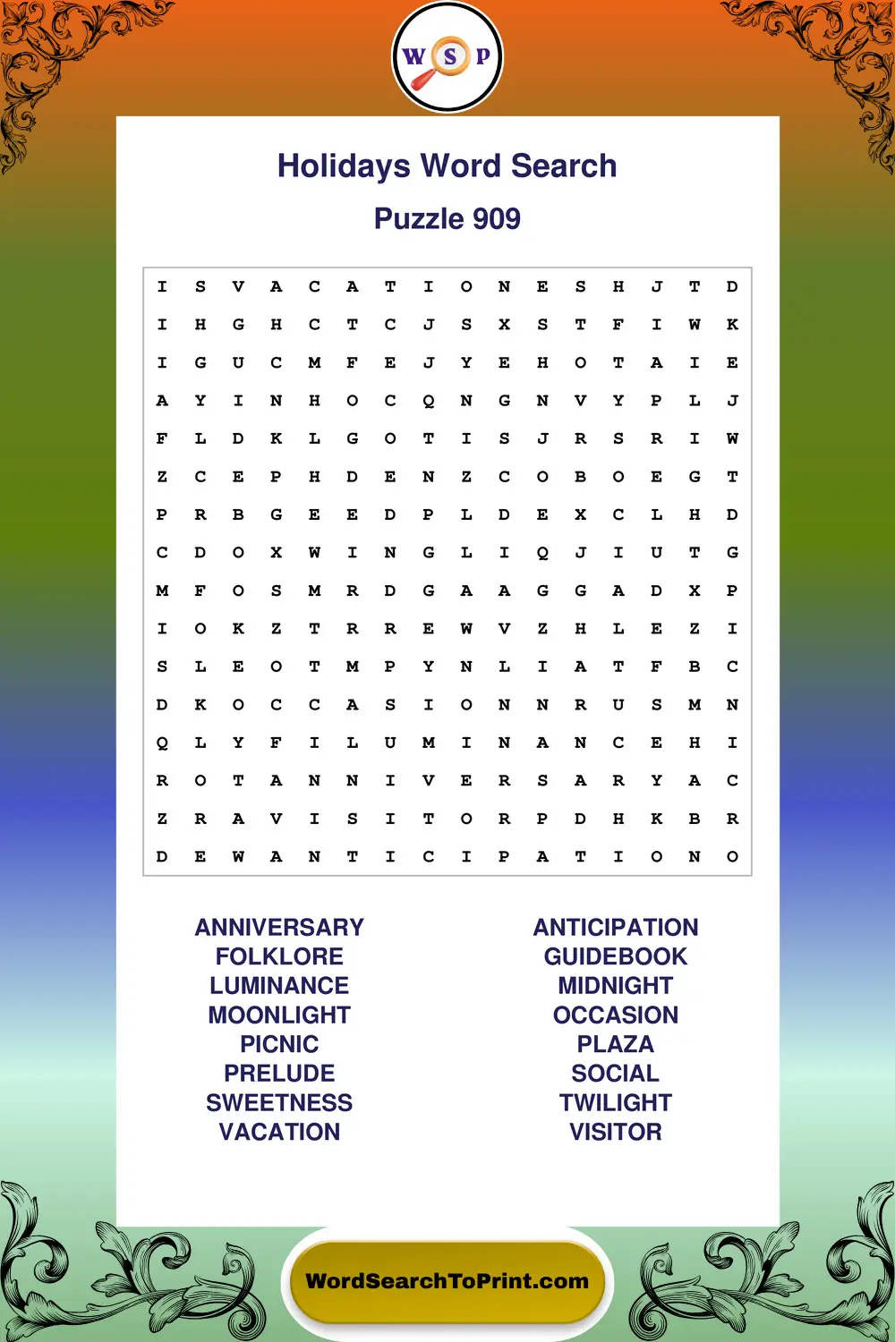 Holidays Word Search Puzzle 909