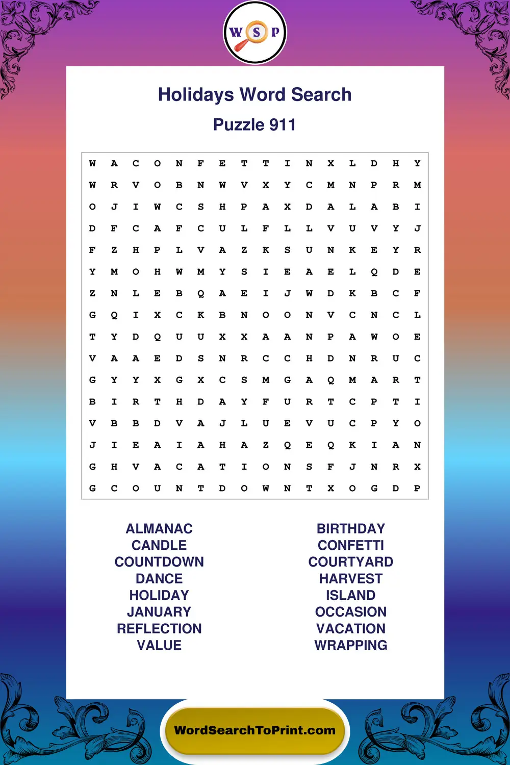 Holidays Word Search Puzzle 911