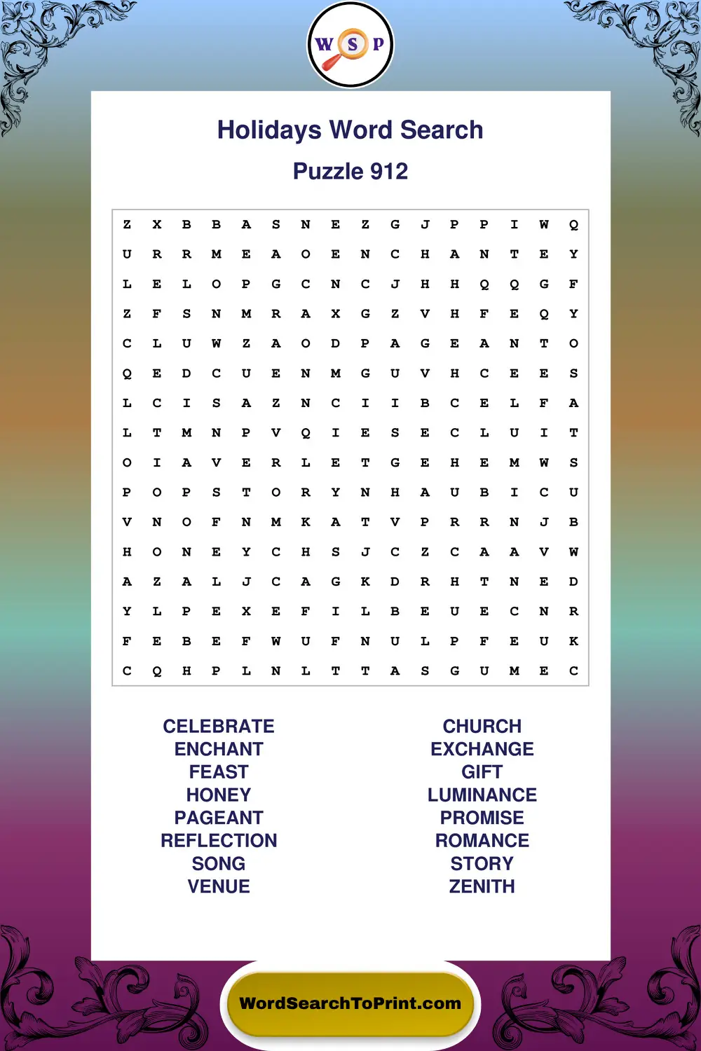 Holidays Word Search Puzzle 912