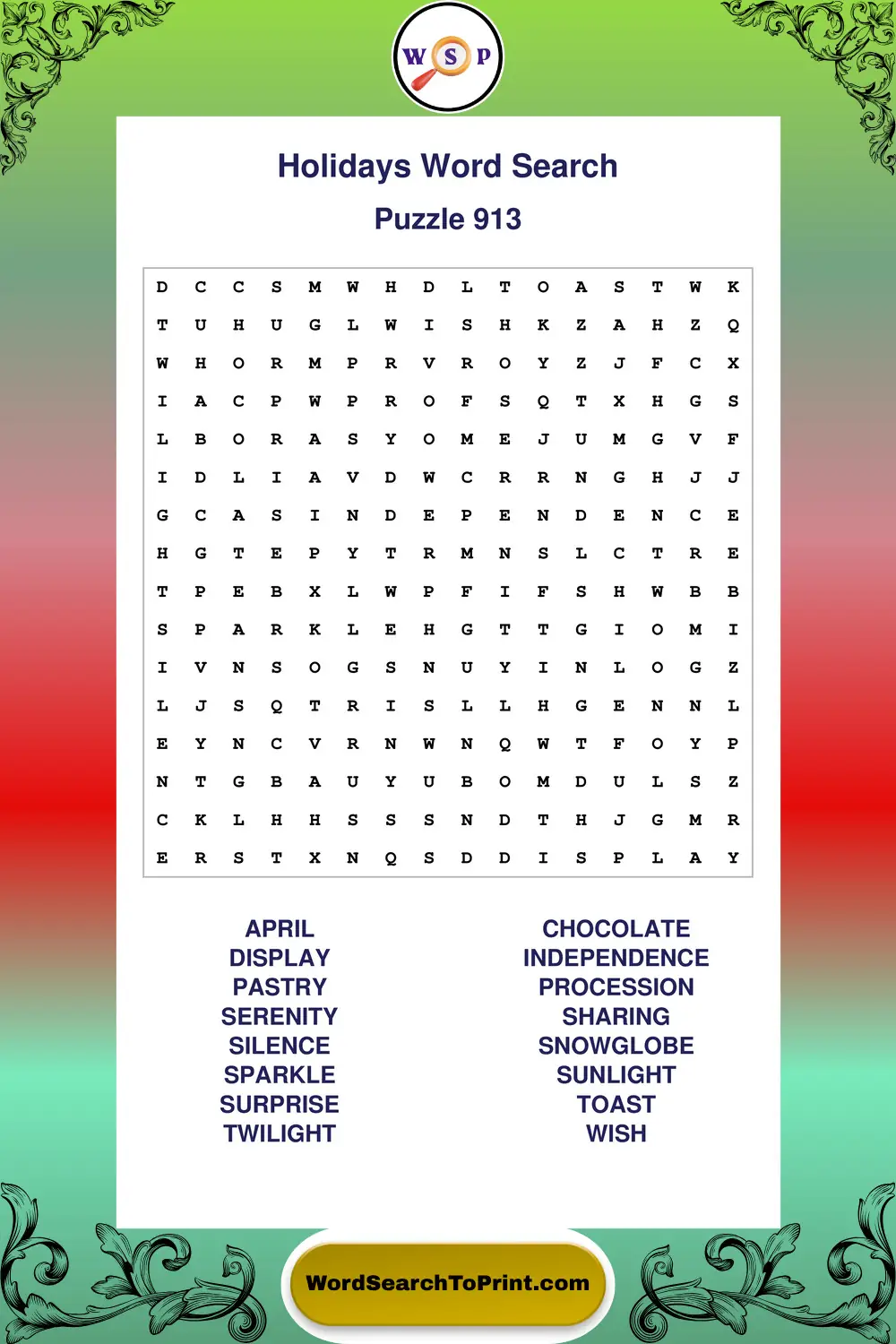 Holidays Word Search Puzzle 913