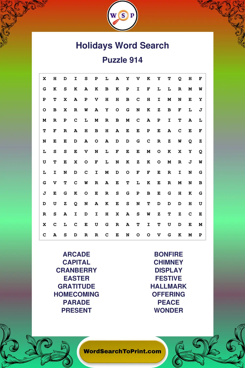 Holidays Word Search Puzzle 914