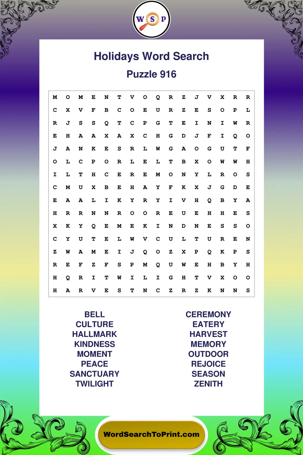 Holidays Word Search Puzzle 916