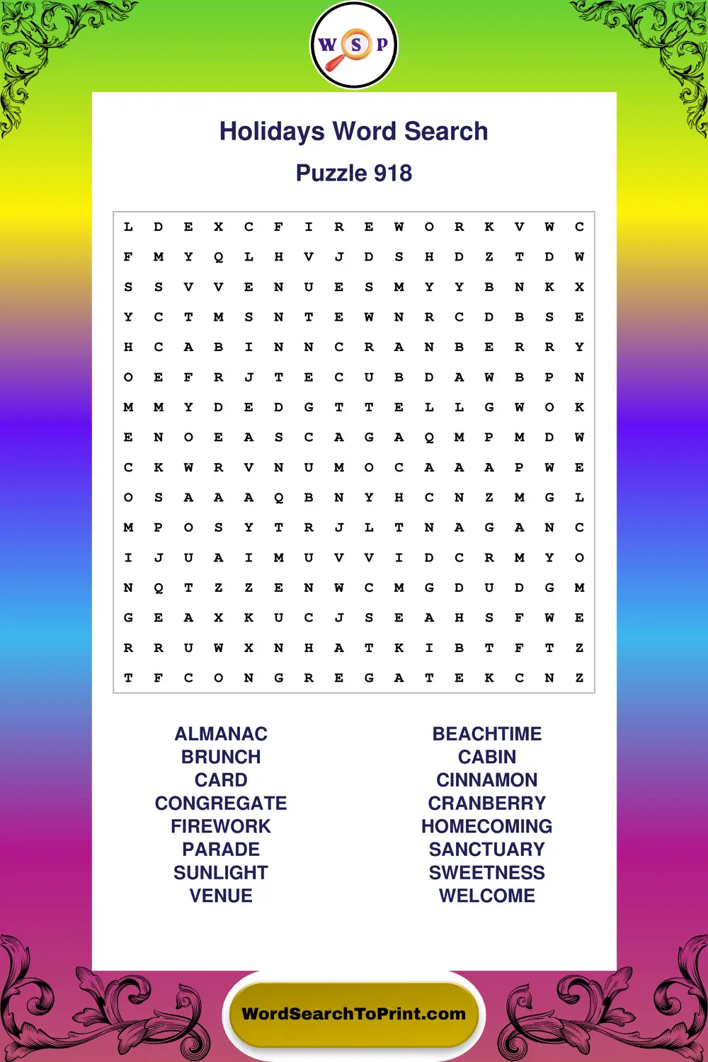 Holidays Word Search Puzzle 918