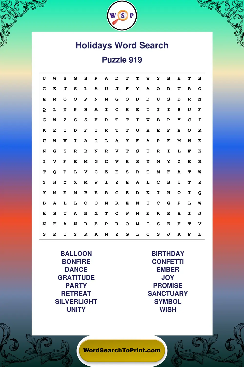 Holidays Word Search Puzzle 919