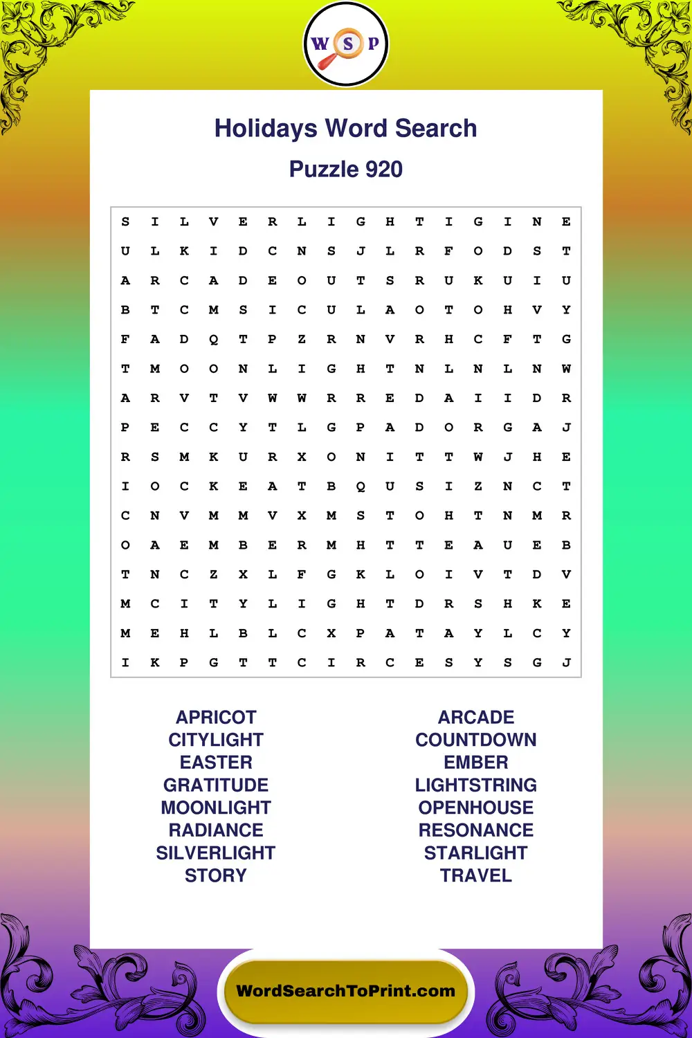 Holidays Word Search Puzzle 920