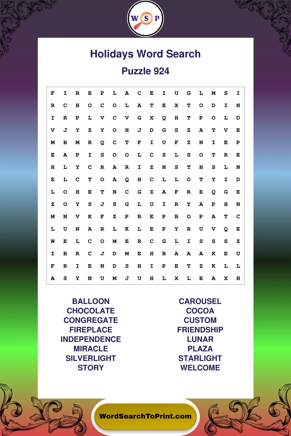 Holidays Word Search Puzzle 924