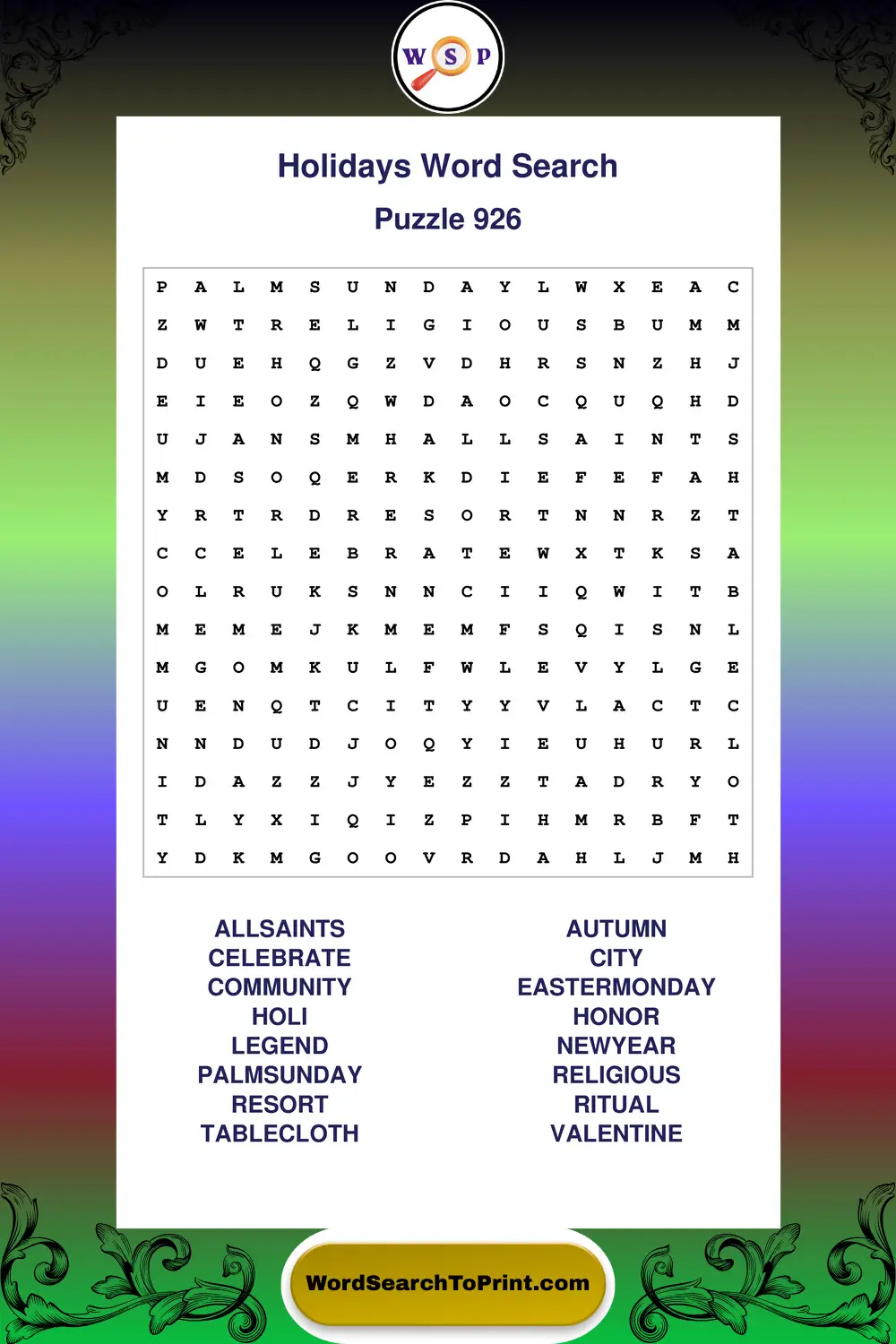 Holidays Word Search Puzzle 926