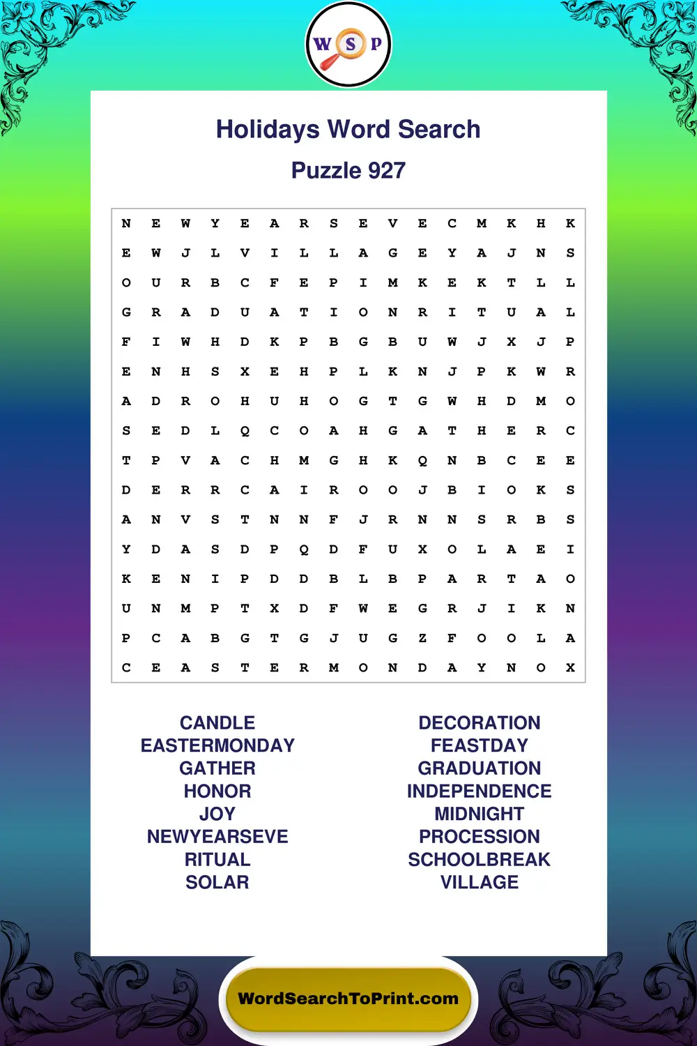 Holidays Word Search Puzzle 927
