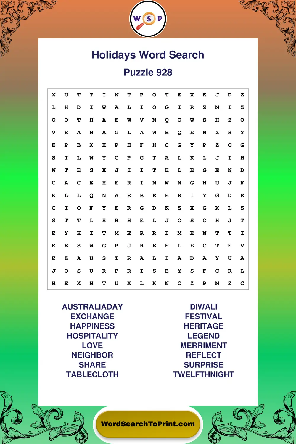 Holidays Word Search Puzzle 928