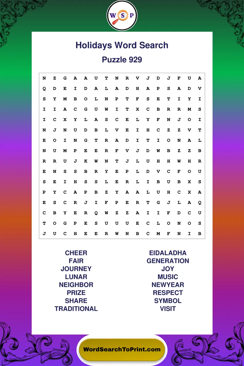 Holidays Word Search Puzzle 929