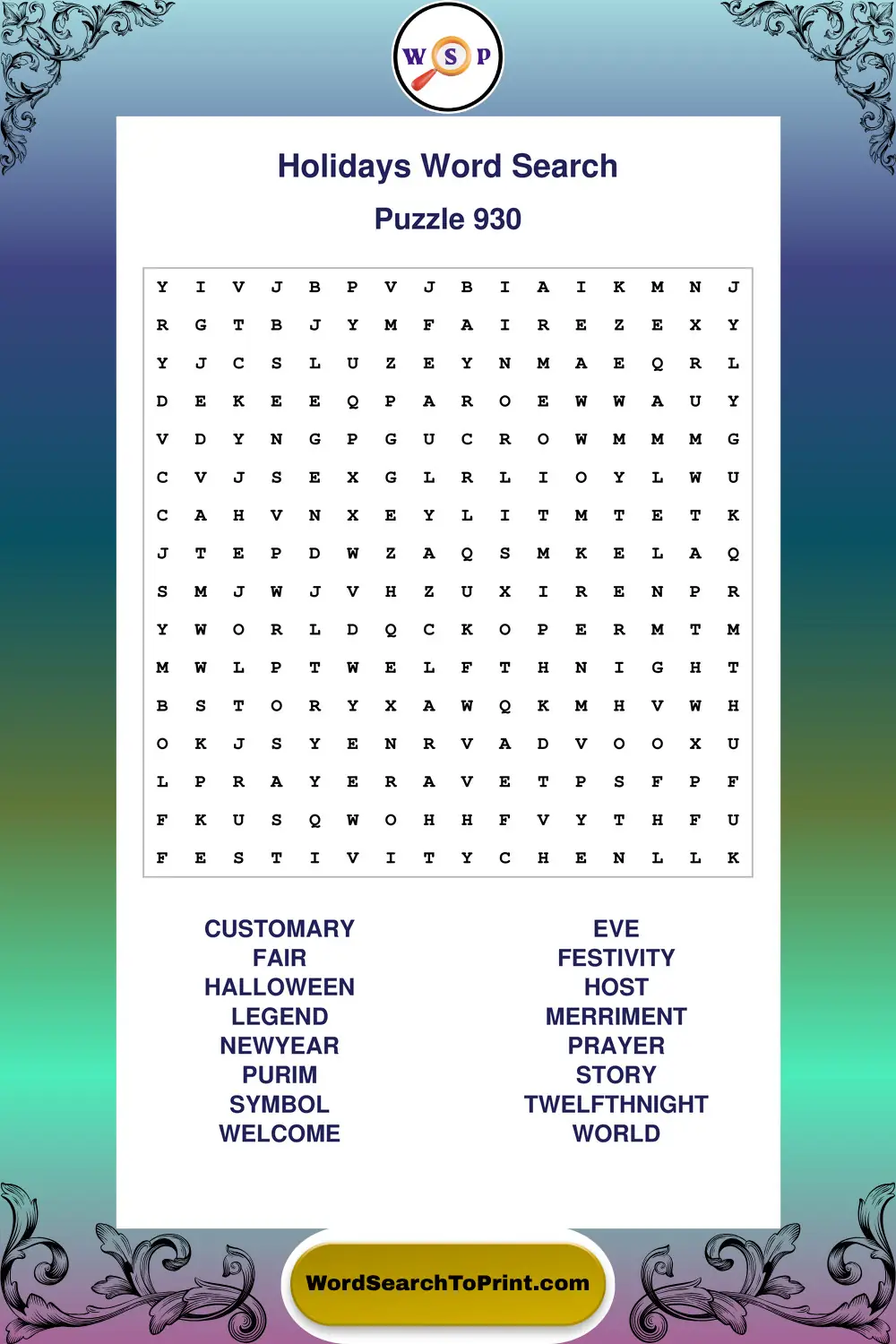 Holidays Word Search Puzzle 930
