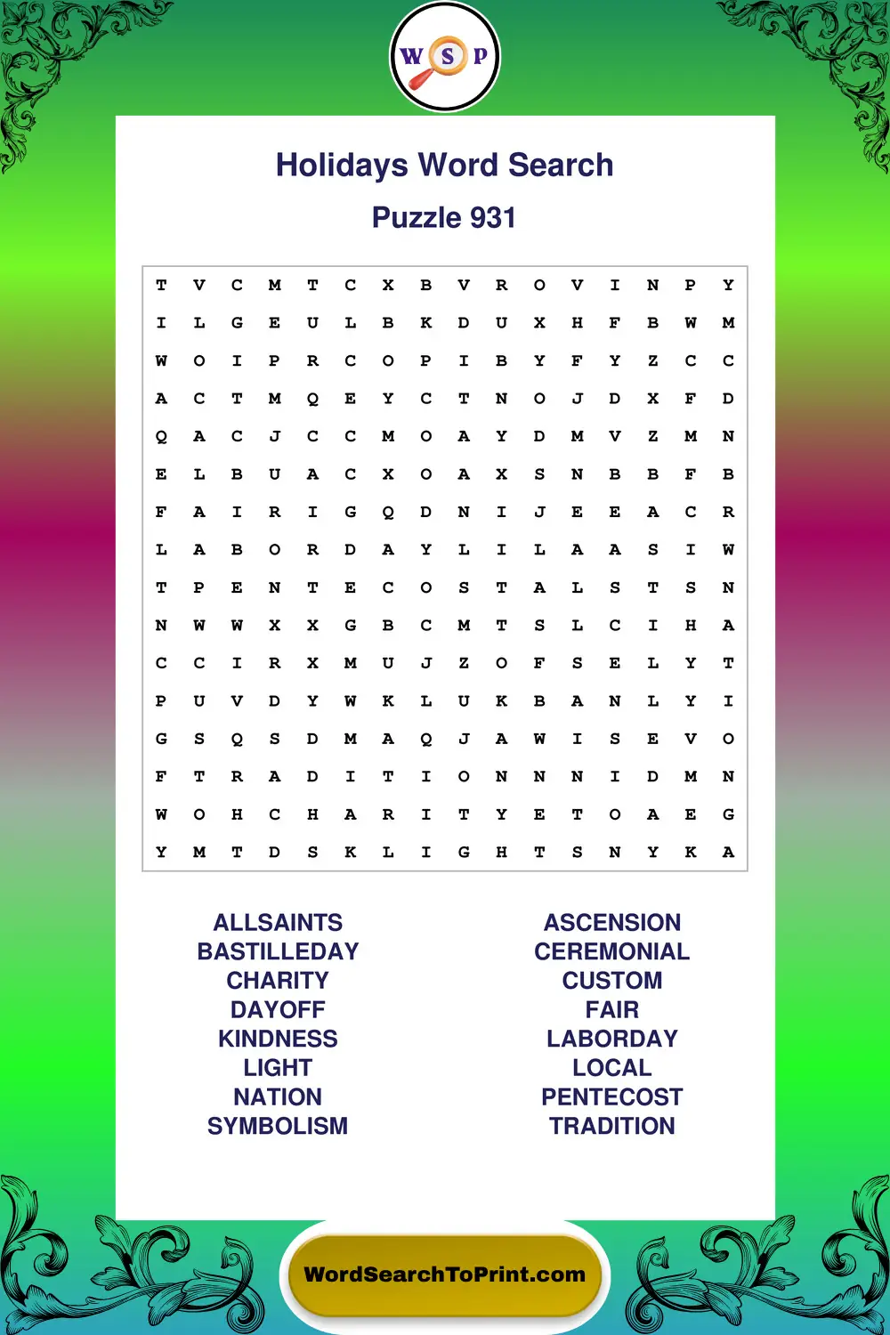 Holidays Word Search Puzzle 931